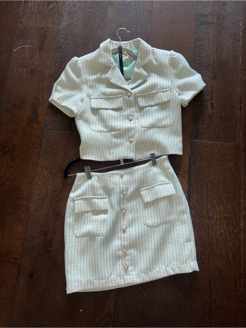 Cropped Tweed Button-Front Skirt Set in Ivory